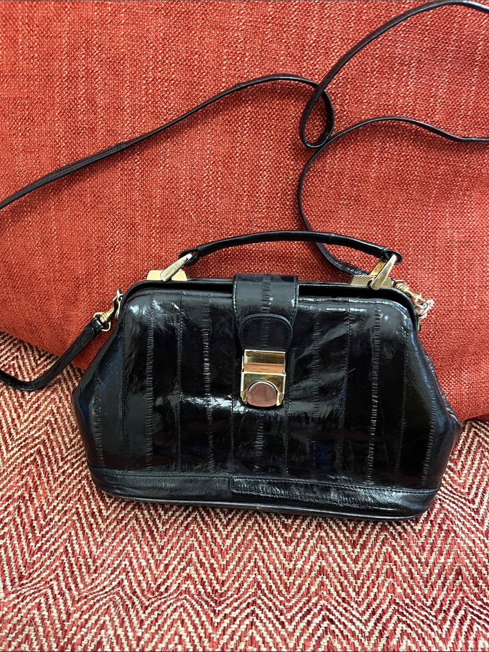 Glossy Black Patent Top-Handle Crossbody Bag with Gold Hardware